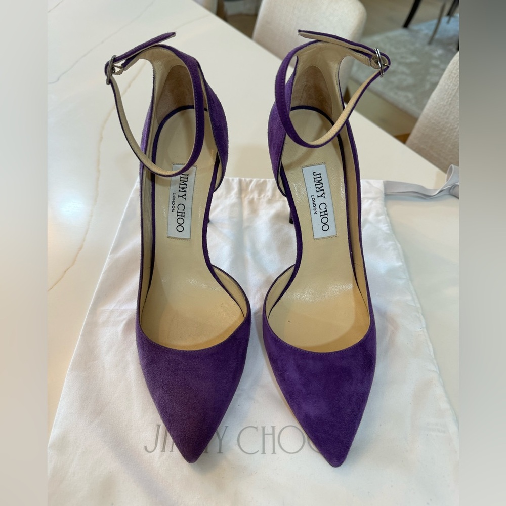 Jimmy Choo Purple Suede Pump with Ankle Strap, 3.3” Heels. Size 39.